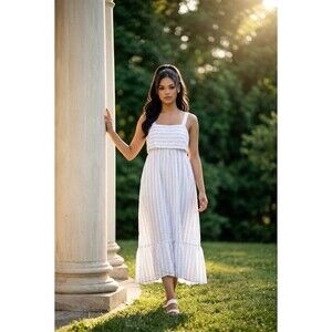 TCEC Midi Dress Womens Size medium Blue Pinstripe Open Back Tie Bow Sleeveless